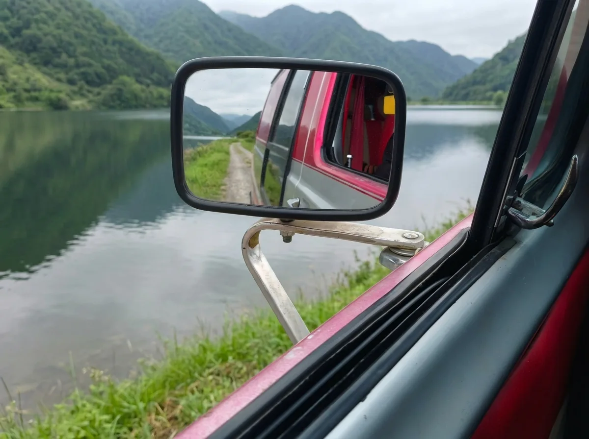 Vista del lago reflejada en el espejo retrovisor de la Econoline