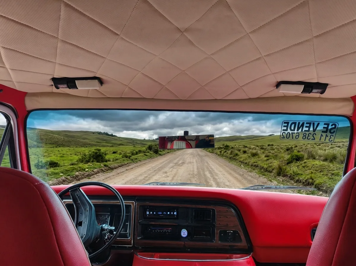 Vista desde el interior de la Econoline a través del parabrisas, camino rural por delante